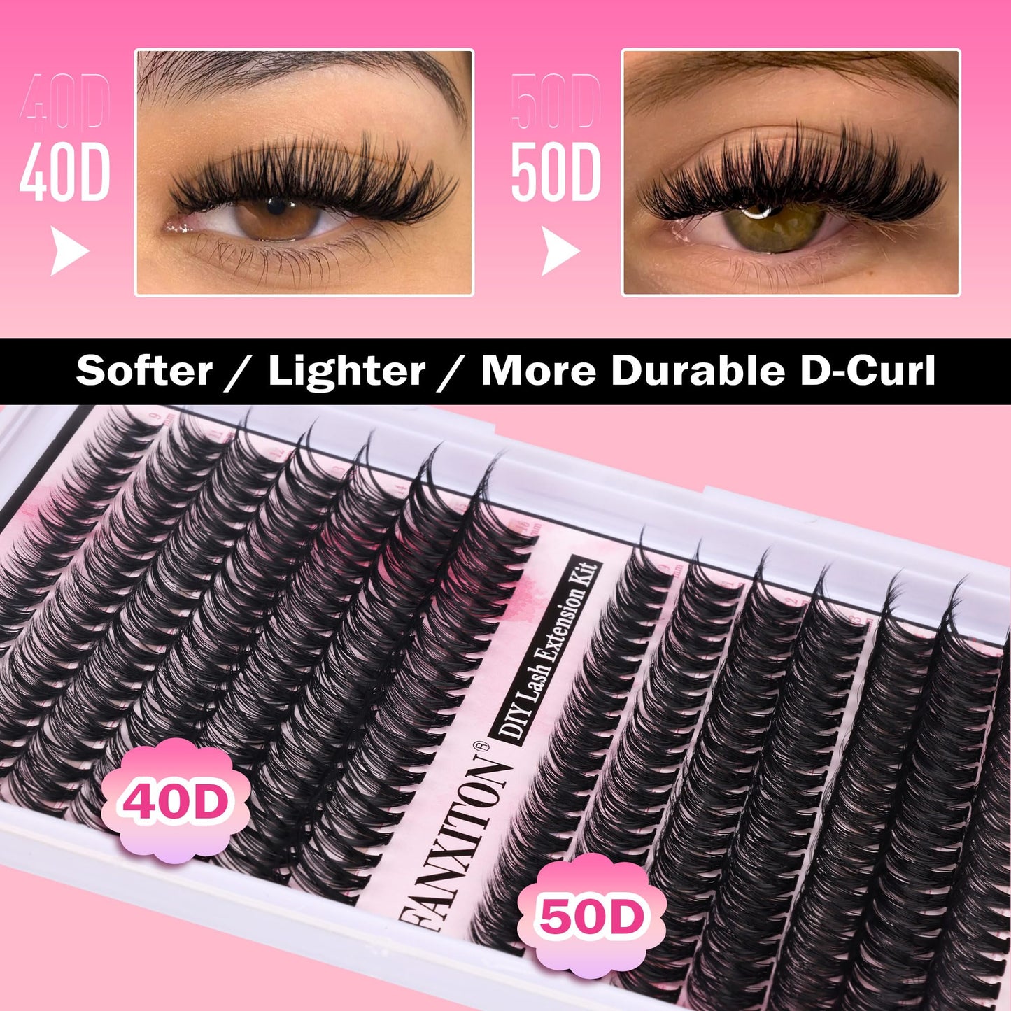 FANXITON DIY Lash Extension Kit Volume Lash Clusters 40D+50D D Curl Individual Lashes Lash Clusters Kit Thick Eyelash Extension Kit 280 pcs Thin Band Cluster Lashes Lash Bond and Seal Lash Tweezers