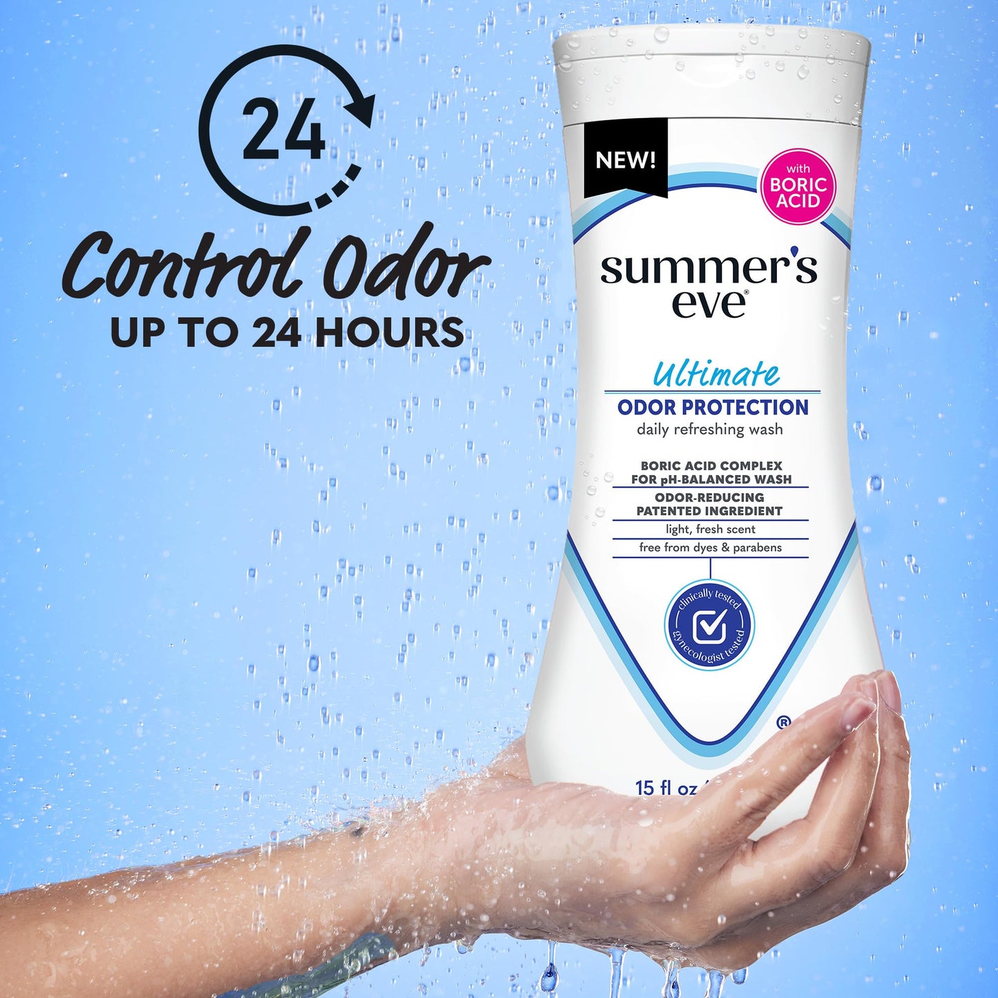 Summer's Eve, Ultimate Odor Control, Feminine Body Wash with Boric Acid, Removes Odor, Feminine Wash with pH Balance, 15 Fl Oz