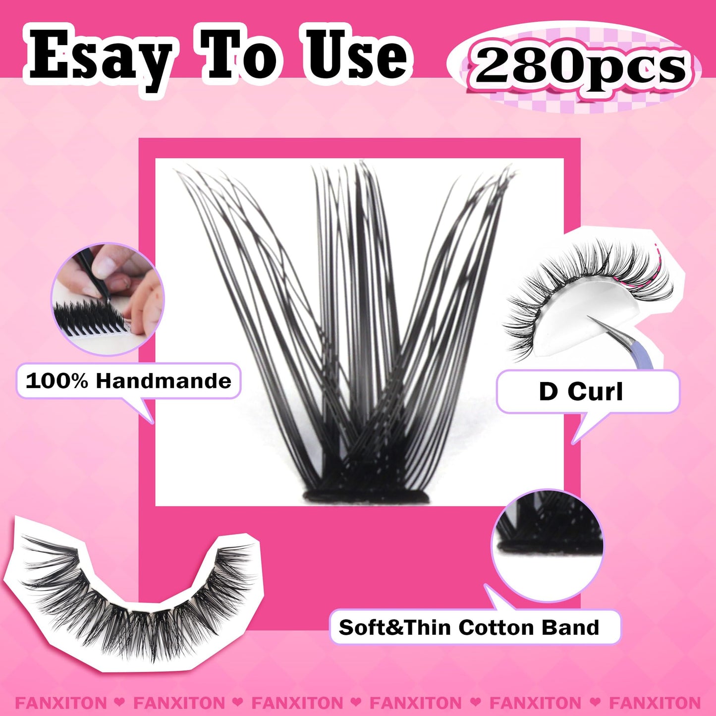 FANXITON DIY Lash Extension Kit Volume Lash Clusters 40D+50D D Curl Individual Lashes Lash Clusters Kit Thick Eyelash Extension Kit 280 pcs Thin Band Cluster Lashes Lash Bond and Seal Lash Tweezers