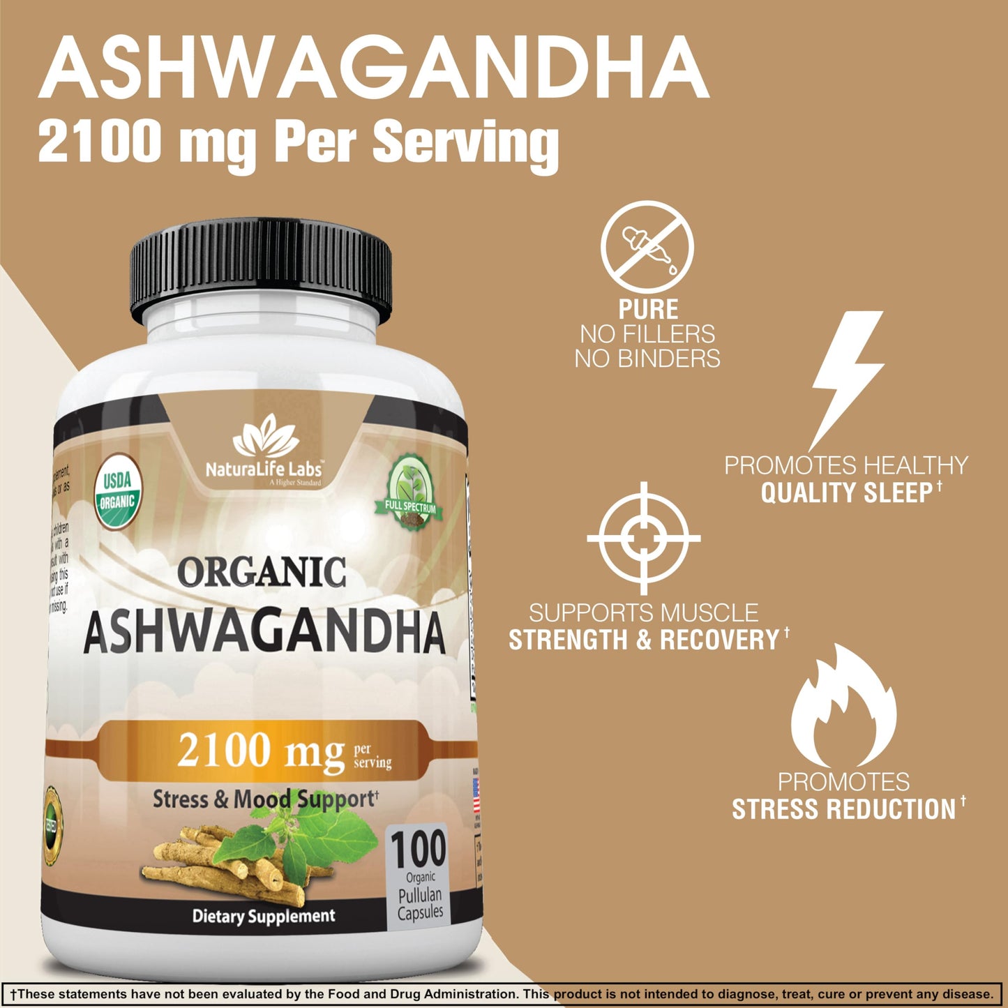 Organic Ashwagandha 2,100 mg - 100 Veggie Capsules Pure Organic Ashwagandha Powder and Root Extract - Stress Relief, Mood Enhancer