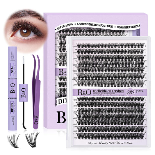 B&Qaugen Lash Extension Kit 280pcs Individual Lashes Cluster 40D D Curl Eyelash Extension Kit Lash Clusters with Lash Bond and Seal and Lash Applicator Tool for Self (KIT,30D+40D-D-9-16MIX)