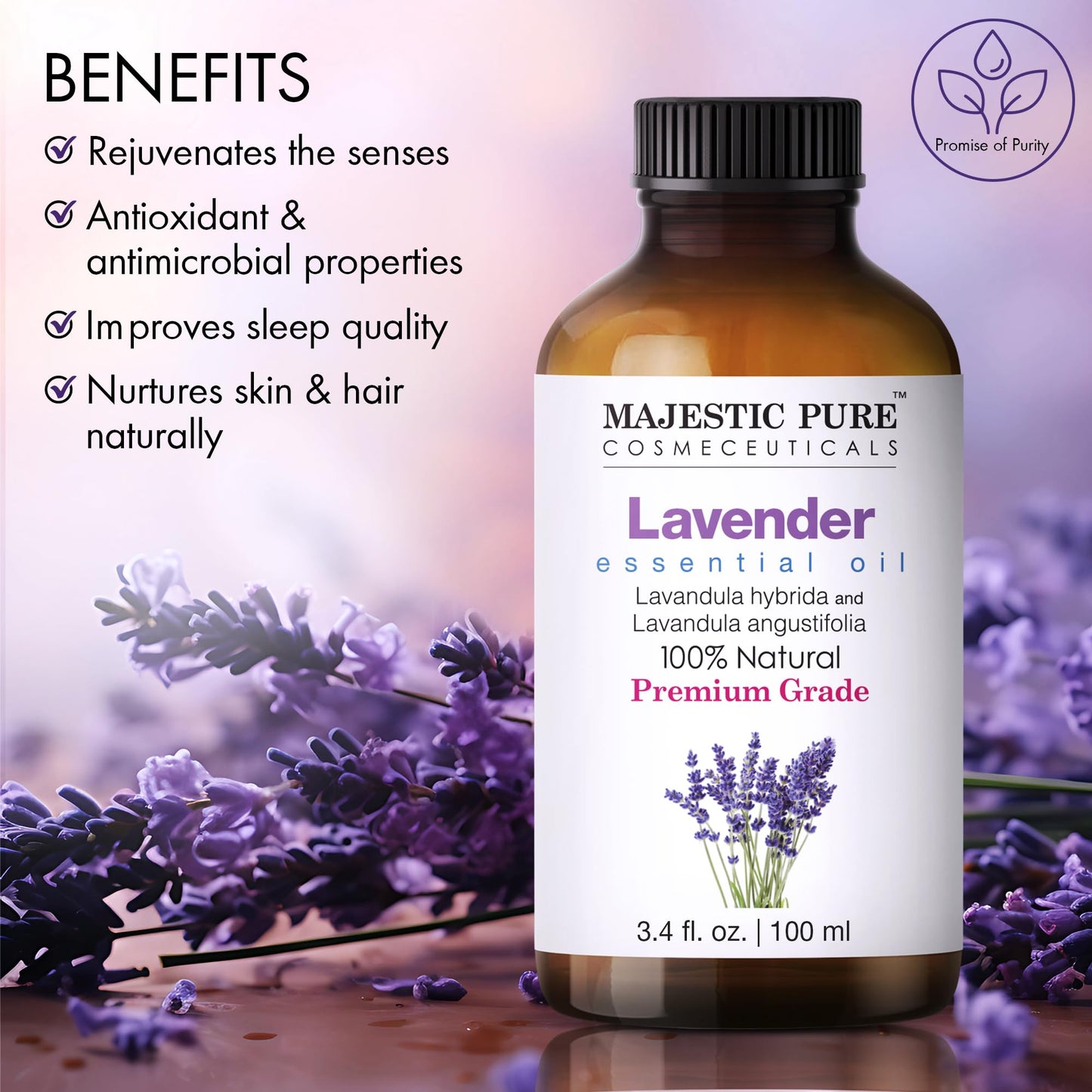 Majestic Pure Lavender Essential Oil with Glass Dropper | 100% Pure and Natural Lavender Oil | Premium Grade Essential Oils for Diffusers, Skin, Aromatherapy, Massage | 4 Fl Oz