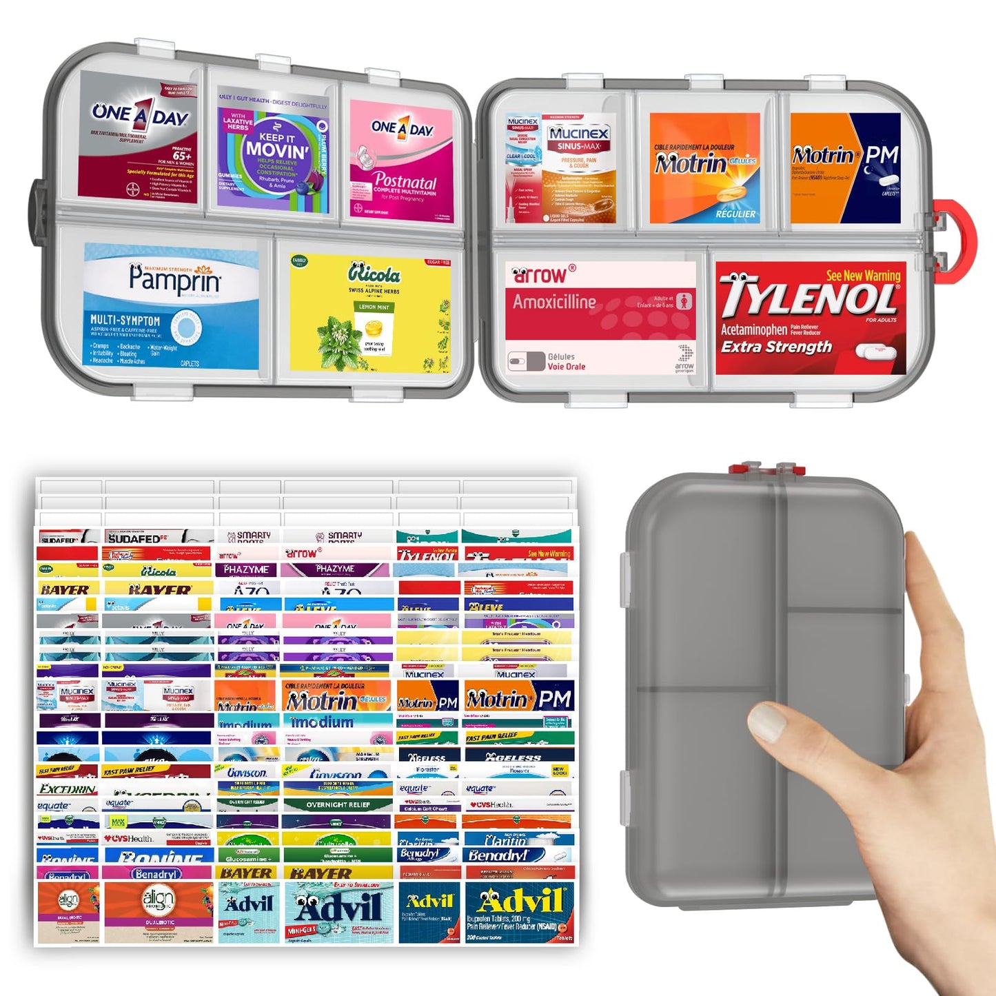 Pill Organizer, Large Travel Pill Organizer with Labels, Medicine Pill Organizer, Travel Essentials Pill Case