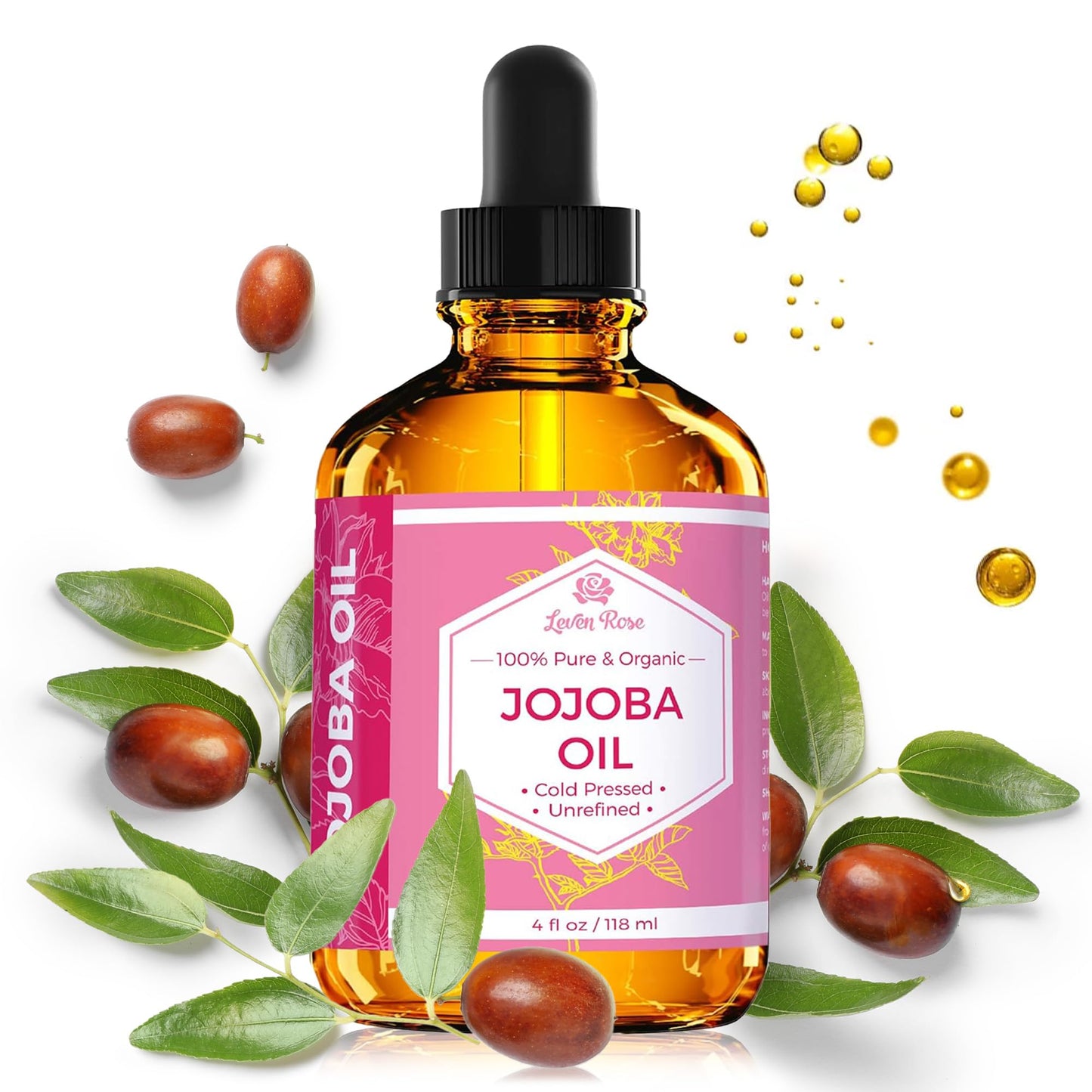 Leven Rose Jojoba Oil Organic, Pure Cold Pressed Natural Unrefined Moisturizer for Skin Hair and Nails 4 oz