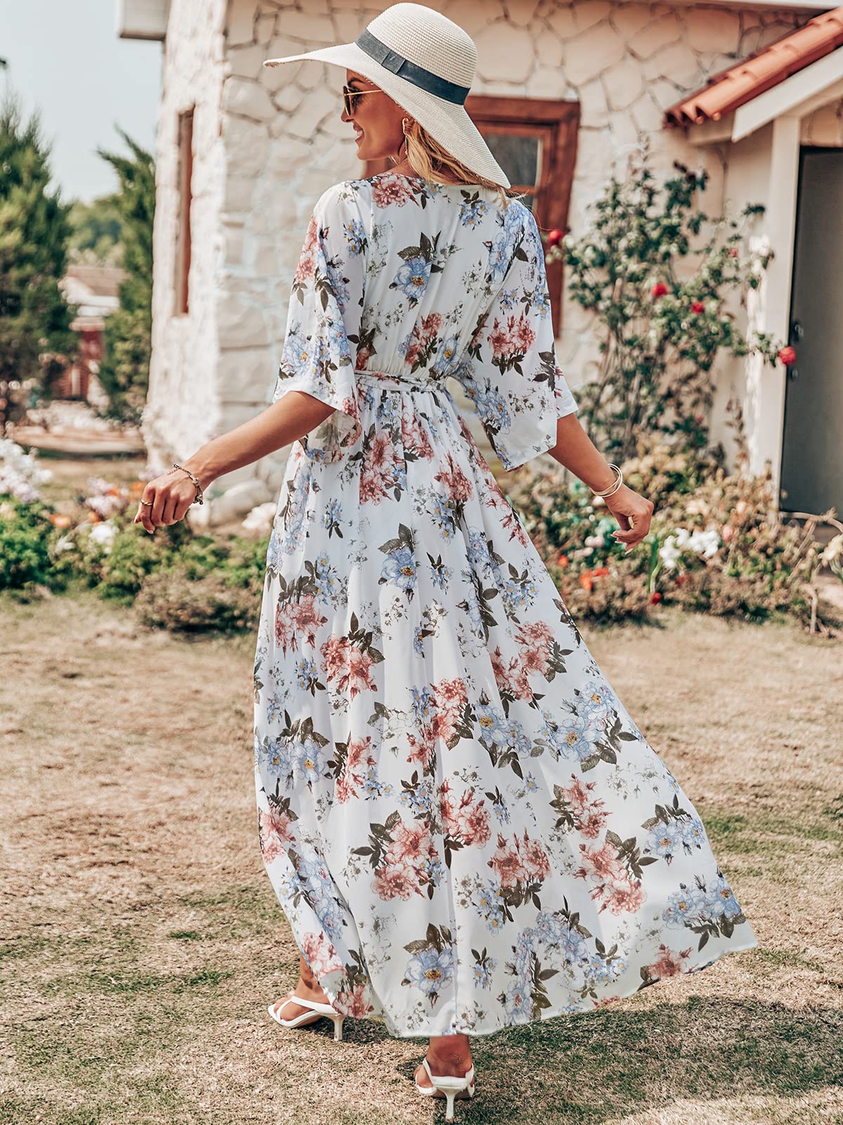 ANRABESS Women’s Summer Loose Boho Flowy Wrap V Neck 3/4 Sleeve Floral Print Slit Beach Wedding Guest Long Maxi Dresses 2024 White Flor Large