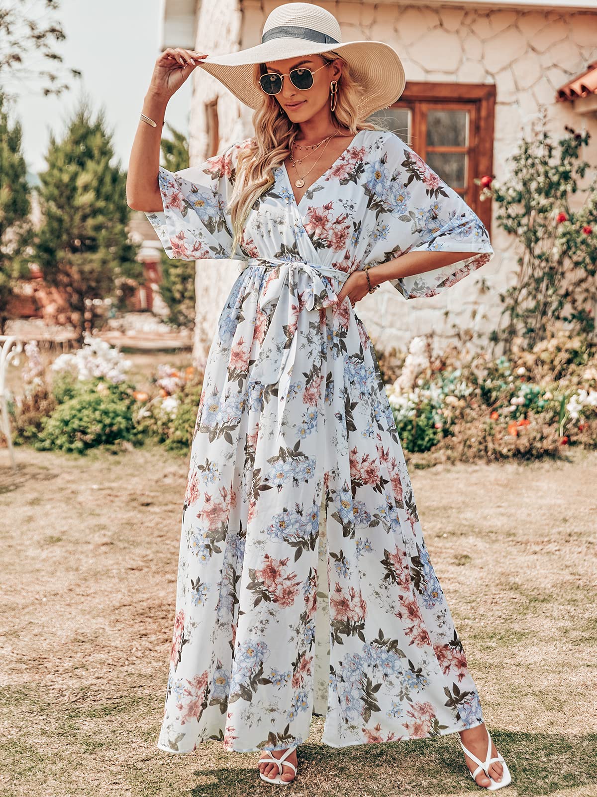 ANRABESS Women’s Summer Loose Boho Flowy Wrap V Neck 3/4 Sleeve Floral Print Slit Beach Wedding Guest Long Maxi Dresses 2024 White Flor Large