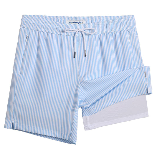 maamgic 2 in 1 Mens Swim Trunks 7 Inch Swim Shorts Swim Suits Board Shorts Blue Stripe-White Large