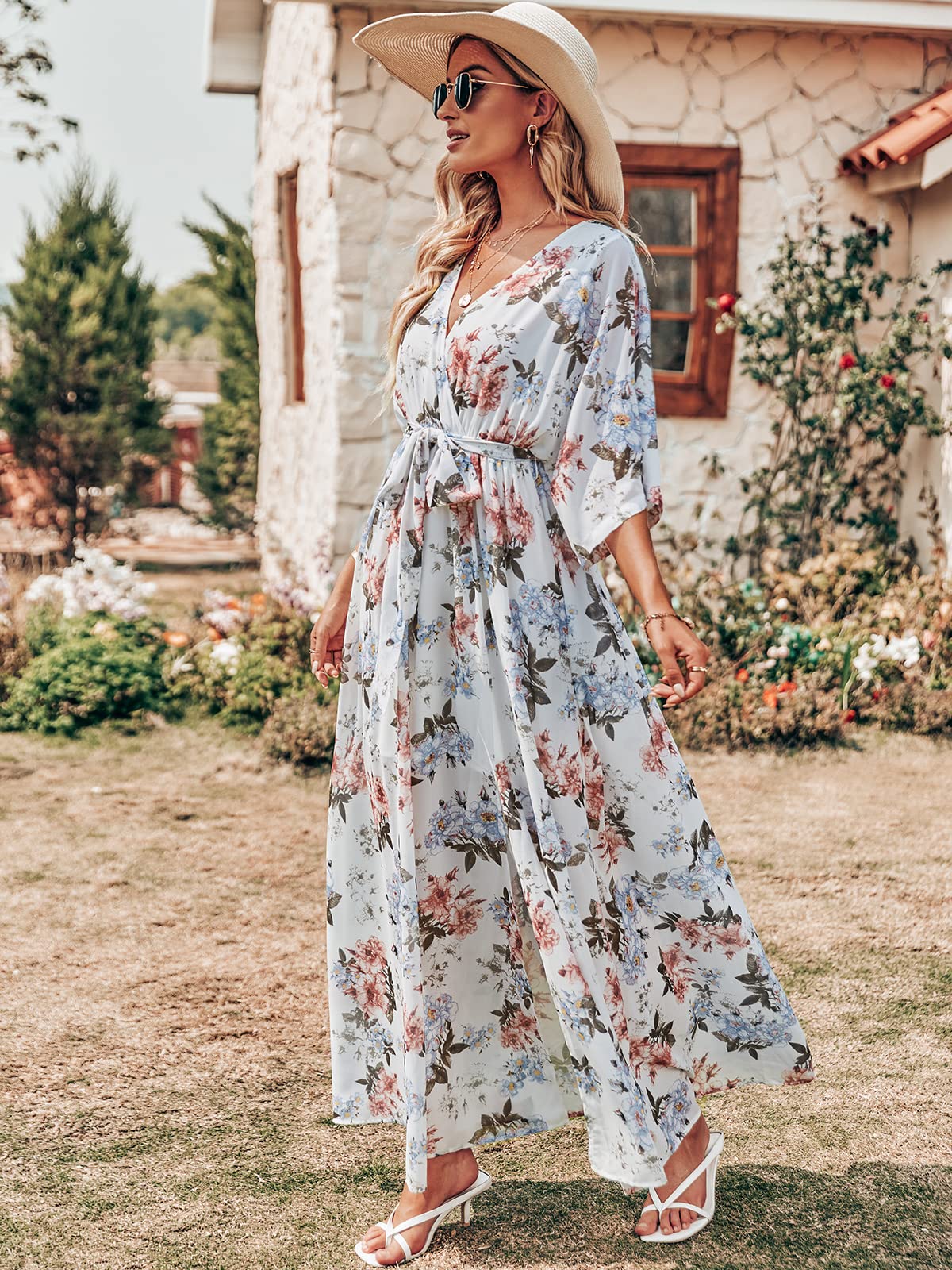 ANRABESS Women’s Summer Loose Boho Flowy Wrap V Neck 3/4 Sleeve Floral Print Slit Beach Wedding Guest Long Maxi Dresses 2024 White Flor Large