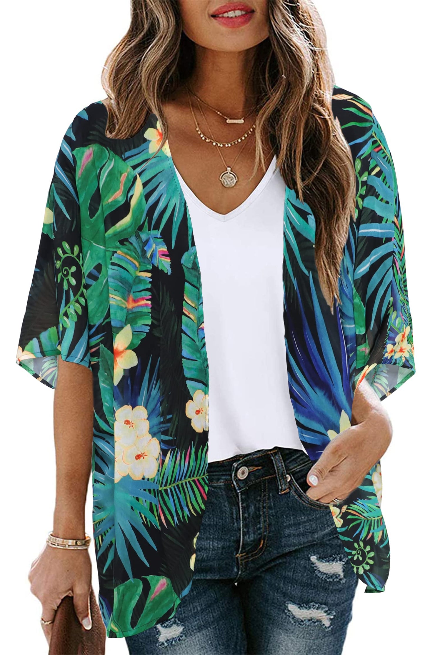 Women's Floral Print Puff Sleeve Kimono Cardigan Loose Cover Up Casual Blouse Tops (Black green print, 2XL)