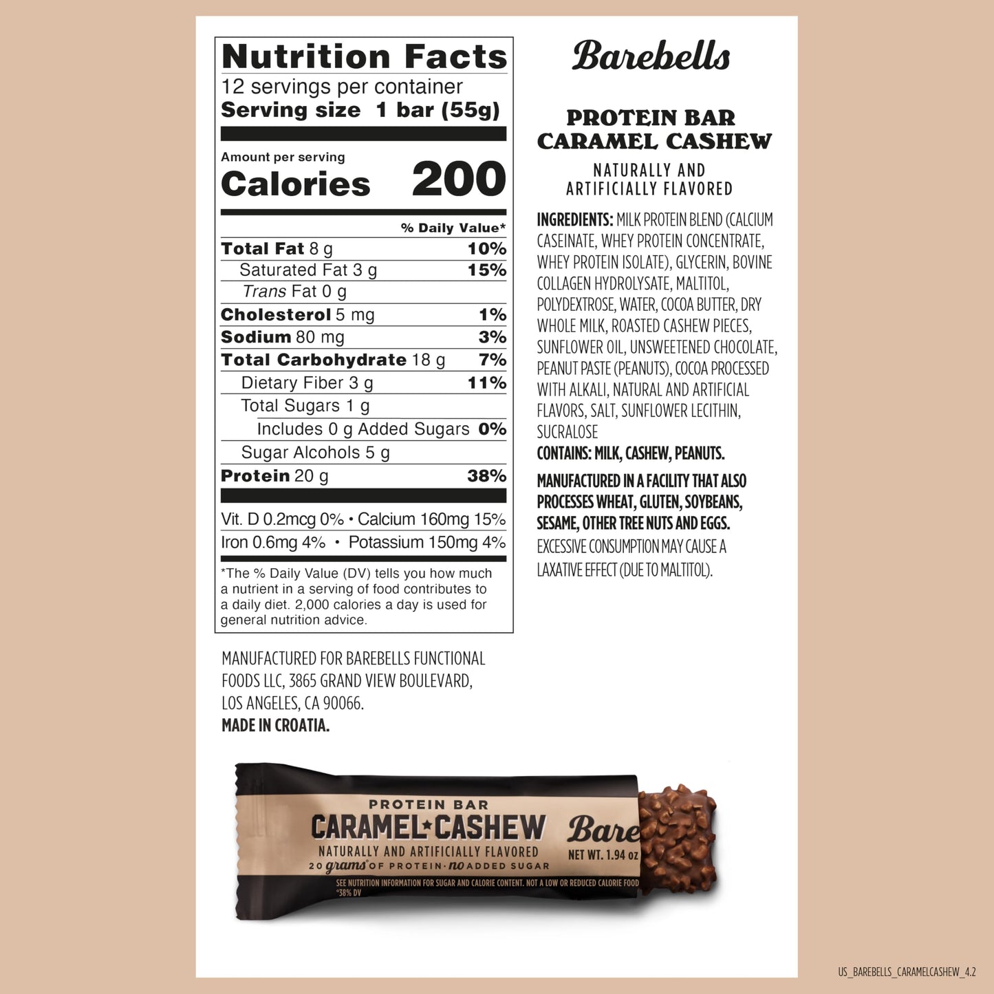 Barebells Protein Bars Caramel Cashew - 12 Count, 20g High Protein Treats - Chocolate Nutrition Bar with 1g Total Sugars - On-The-Go Breakfast or Post-Workout Snack