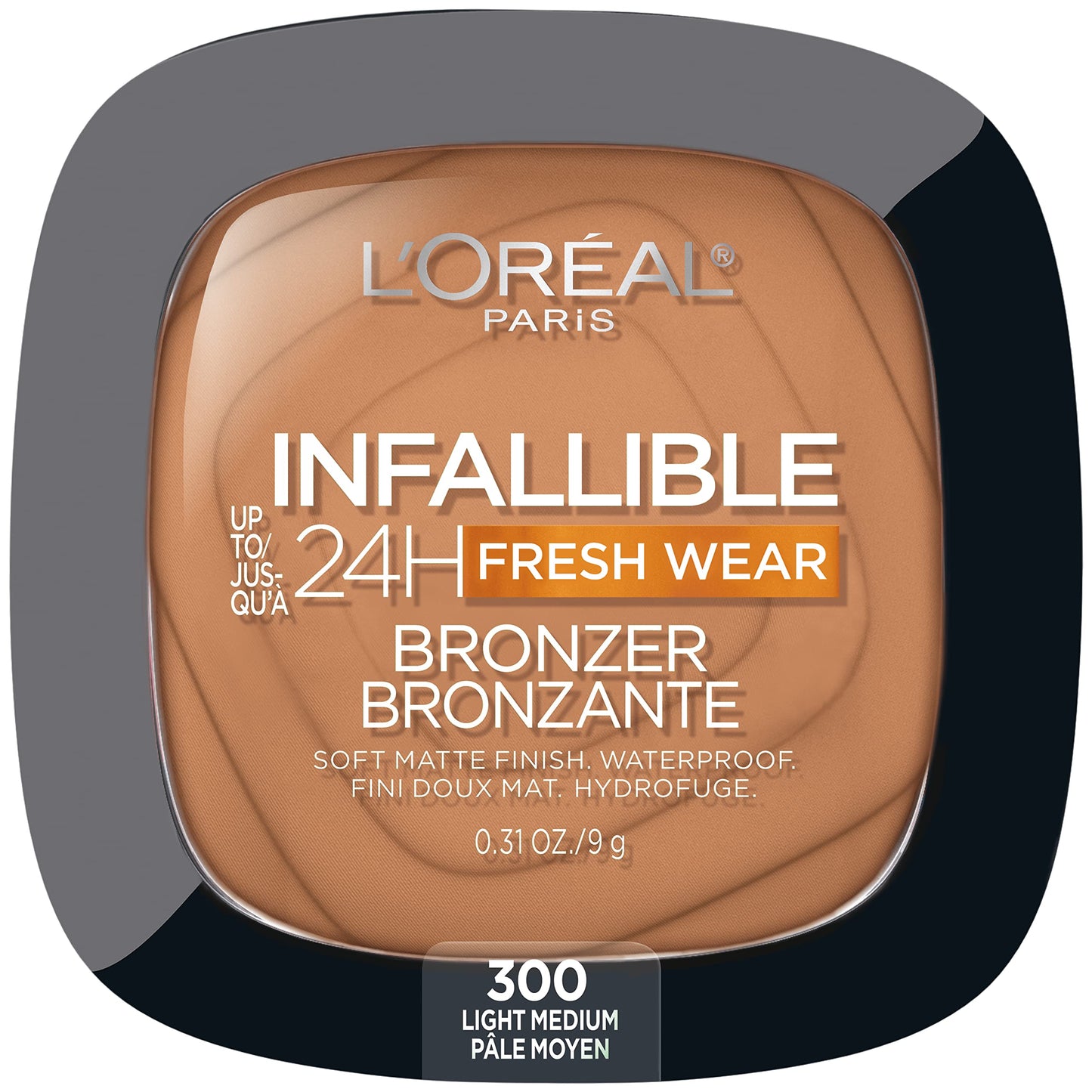 L’Oréal Paris Infallible Up to 24H Fresh Wear Soft Matte Longwear Bronzer. Waterproof, heatproof, Transfer, humidity and sweatproof, Light Medium, 0.31 oz