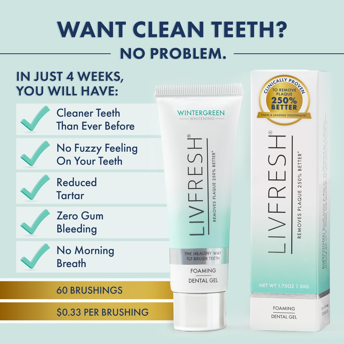 LIVFRESH Toothpaste Gel, Clinically Proven to Remove Plaque 250% Better, Improves Gum Health 190% Better, Prevents & Reduces Tartar, Freshens Breath, SLS Free Dental Gel, Wintergreen