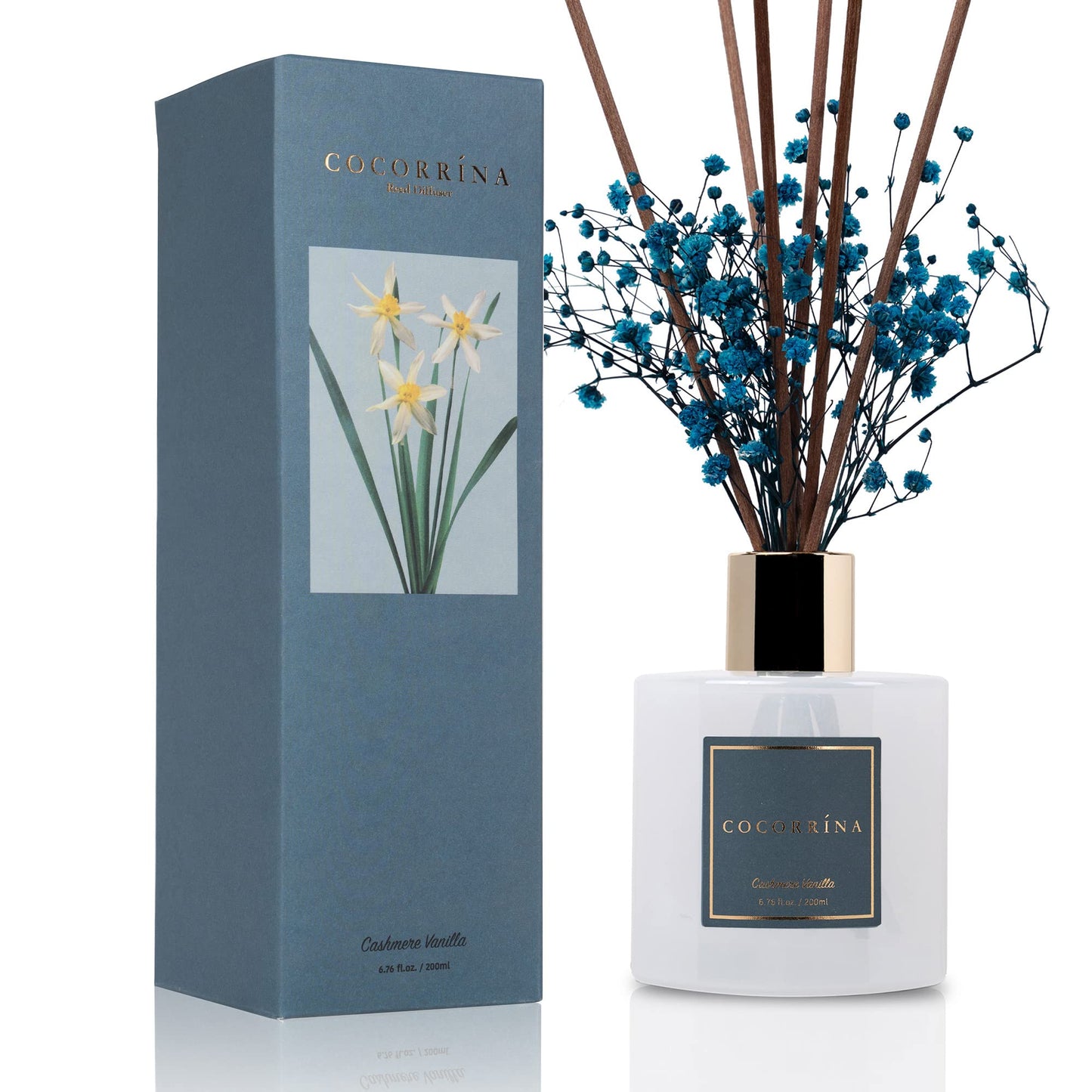 Cocorrína Premium Reed Diffuser Set with Preserved Baby's Breath & Cotton Stick Cashmere Vanilla | 6.7oz Scent Fragrance Oil Diffuser for Bedroom Bathroom Home Décor