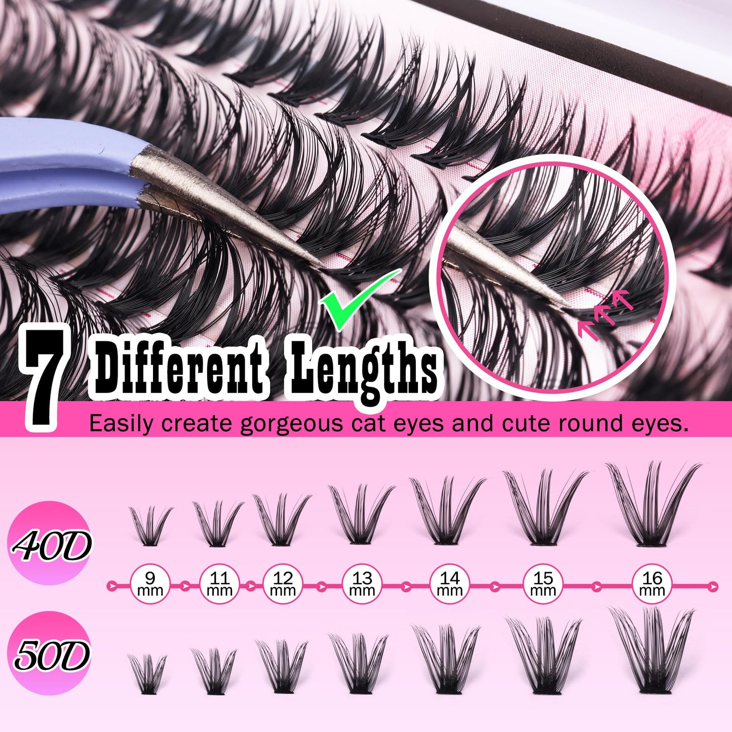 FANXITON DIY Lash Extension Kit Volume Lash Clusters 40D+50D D Curl Individual Lashes Lash Clusters Kit Thick Eyelash Extension Kit 280 pcs Thin Band Cluster Lashes Lash Bond and Seal Lash Tweezers