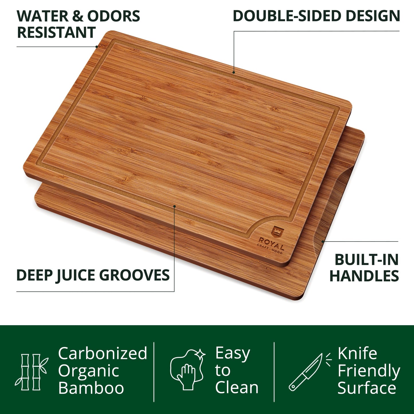 ROYAL CRAFT WOOD Wooden Cutting Boards for Kitchen Meal Prep & Serving - Bamboo Wood Serving Board Set with Deep Juice Groove Side Handles - Charcuterie & Chopping Butcher Block for Meat (3 Pcs)