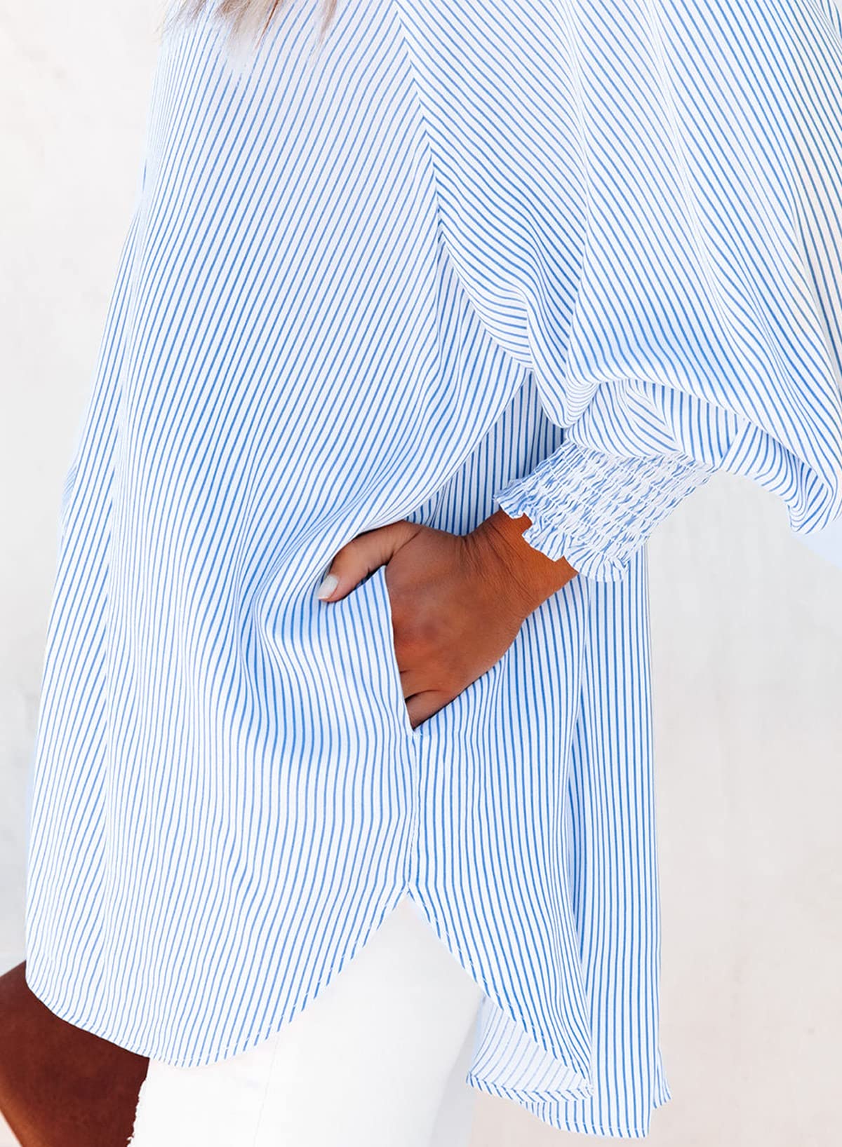 Womens Smocked Cuffed Striped Boyfriend Shirt Casual Collar Long Sleeve Oversized Button Down Blouse Tops with Pocket Shirred Blue