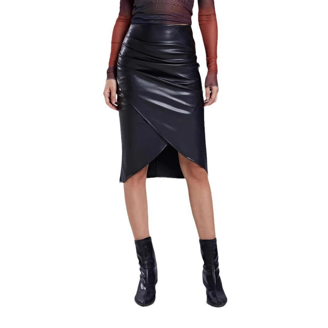 Split Leather Skirt Leather High Waist Sheath Skirt