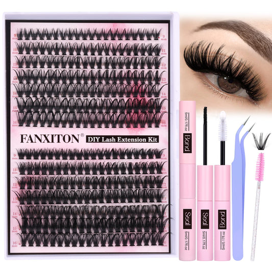 FANXITON DIY Lash Extension Kit Volume Lash Clusters 40D+50D D Curl Individual Lashes Lash Clusters Kit Thick Eyelash Extension Kit 280 pcs Thin Band Cluster Lashes Lash Bond and Seal Lash Tweezers