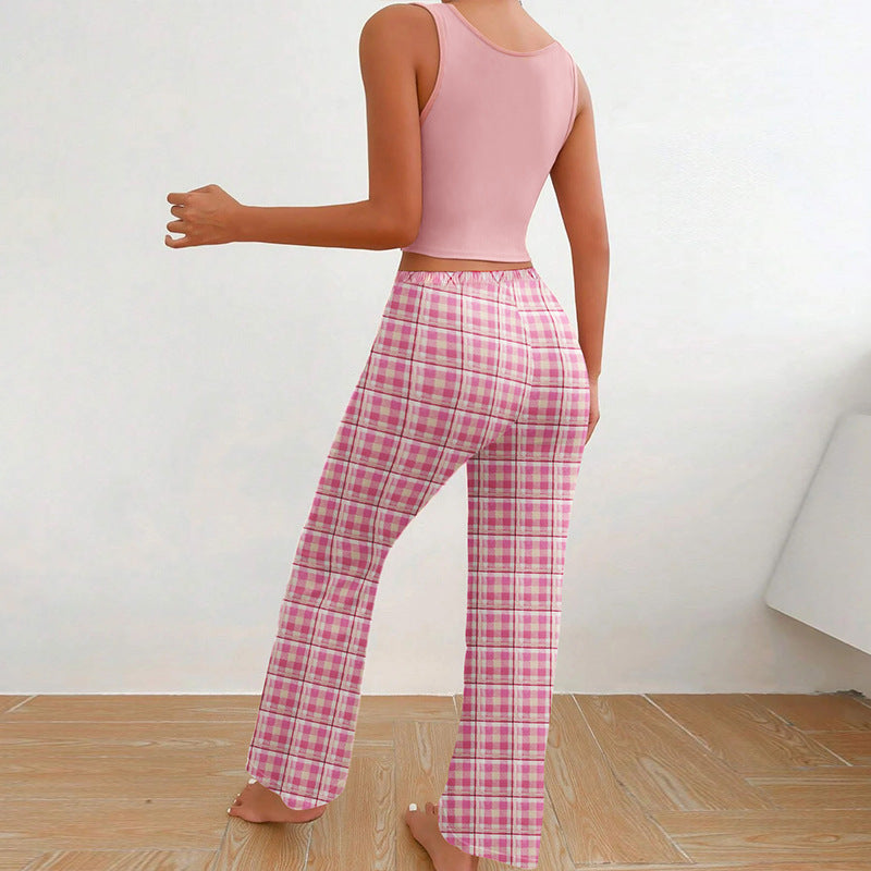 Frühlings- und Sommerpyjama für Damen, lässig, Weste, farblich passende Hose mit Karomuster, Oberteil mit Buchstabenmuster, 2-teilig, Heimkleidung, Nachtwäsche