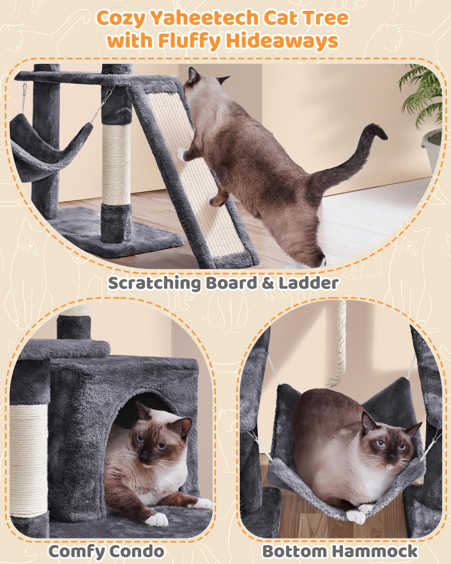 Yaheetech Large Multi-Level Cat Tree, 63 Inches Tall with Sisal-Covered Scratching Posts, Condo, Hammock, Dangling Ball, and Extended Platform for Cats to Play and Sleep