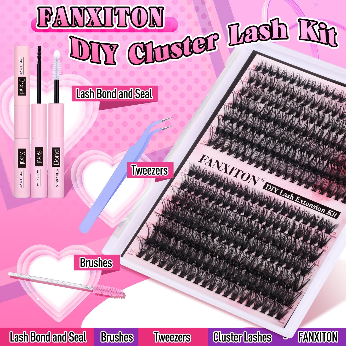 FANXITON DIY Lash Extension Kit Volume Lash Clusters 40D+50D D Curl Individual Lashes Lash Clusters Kit Thick Eyelash Extension Kit 280 pcs Thin Band Cluster Lashes Lash Bond and Seal Lash Tweezers