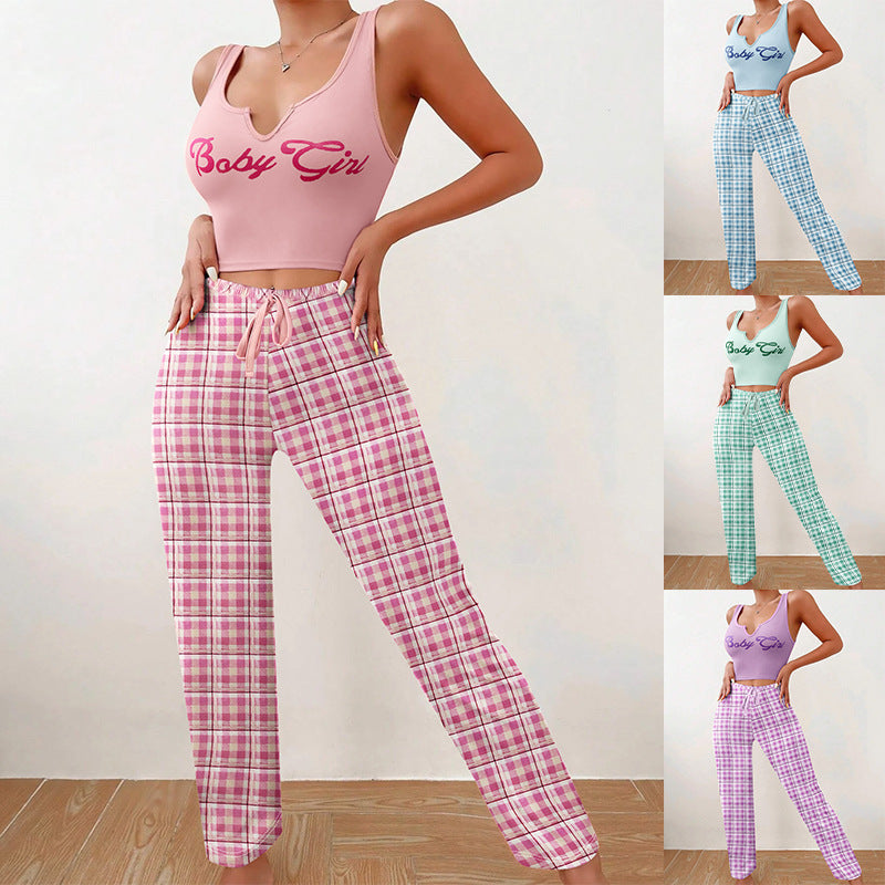 Frühlings- und Sommerpyjama für Damen, lässig, Weste, farblich passende Hose mit Karomuster, Oberteil mit Buchstabenmuster, 2-teilig, Heimkleidung, Nachtwäsche