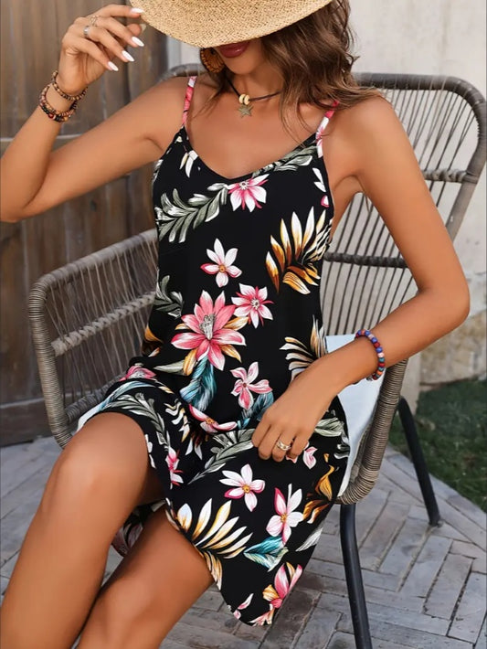 Robe camisole à imprimé floral vibrant - Conception sans manches à col en V, silhouette fluide, parfaite pour les vacances de printemps et d'été, vêtements confortables pour femmes par temps chaud