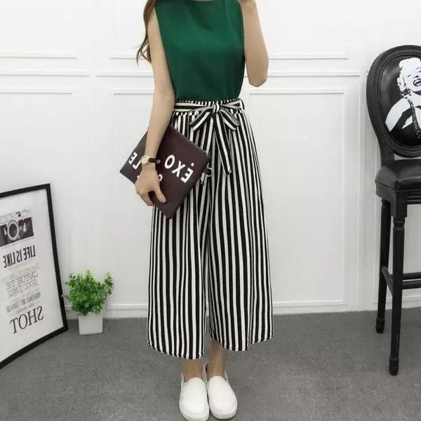 Vertical-striped chiffon wide-leg pants