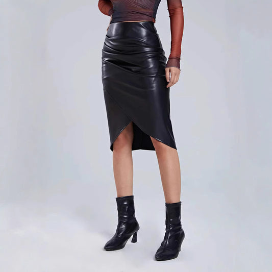 Split Leather Skirt Leather High Waist Sheath Skirt