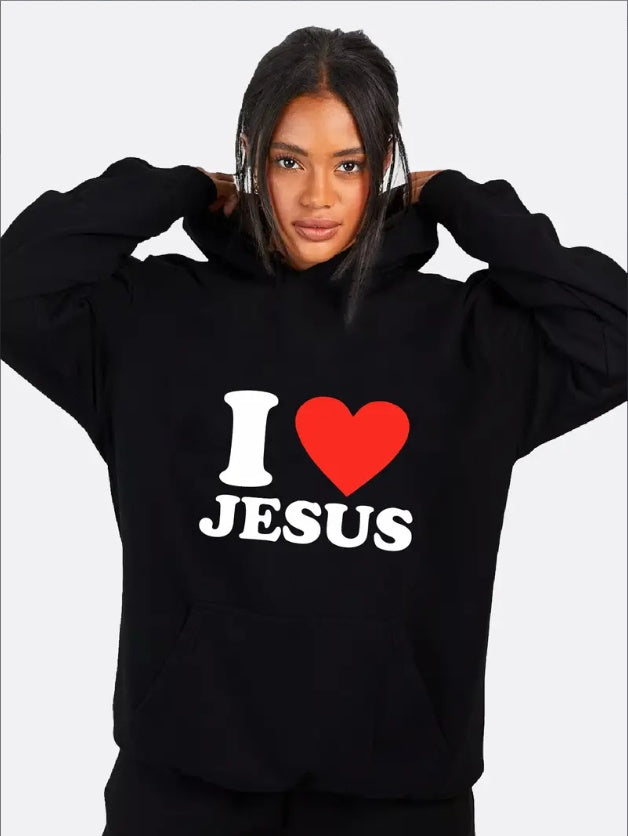 I Love Jesus Print Hoodie, Casual Long Sleeve Hoodies Sweatshirt, Women's Clothing