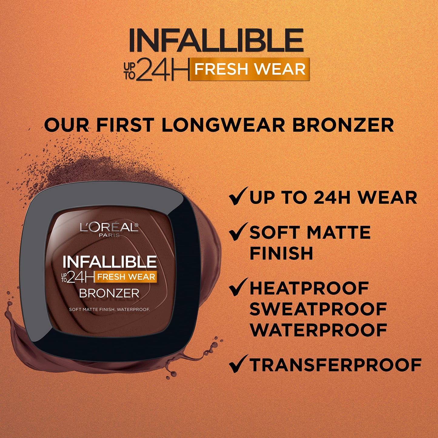 L’Oréal Paris Infallible Up to 24H Fresh Wear Soft Matte Longwear Bronzer. Waterproof, heatproof, Transfer, humidity and sweatproof, Light Medium, 0.31 oz