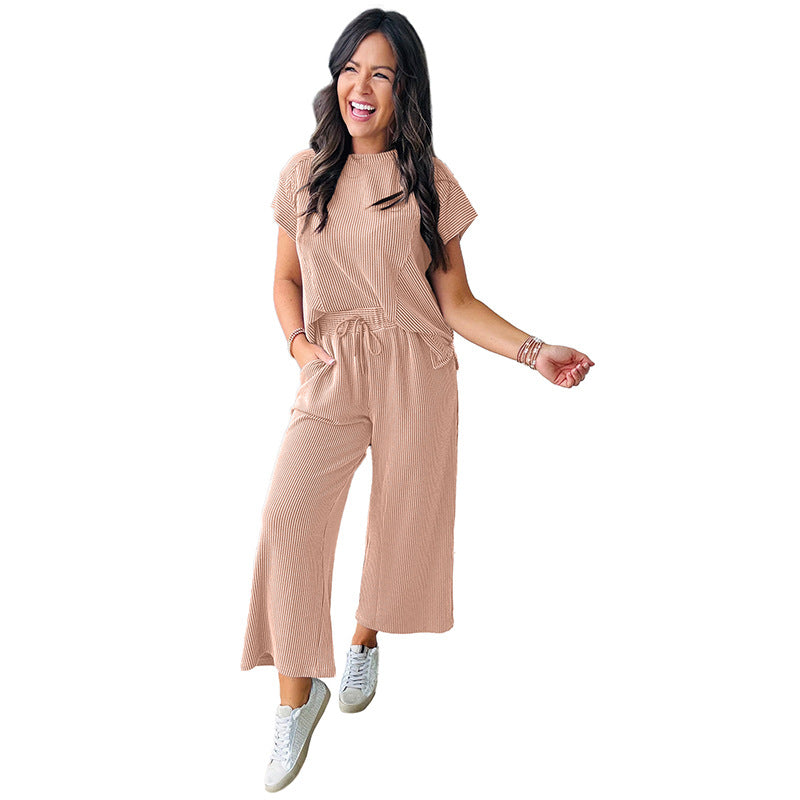 Short Sleeve Two-piece Simple Loose Knit Casual Suit