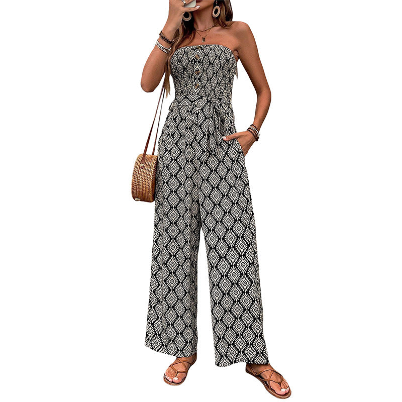 Ethnic Holiday Floral Print Tube Top Jumpsuit