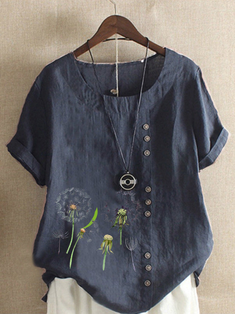 Artistic Retro Cotton And Linen Printed Casual Shirt Women's Top