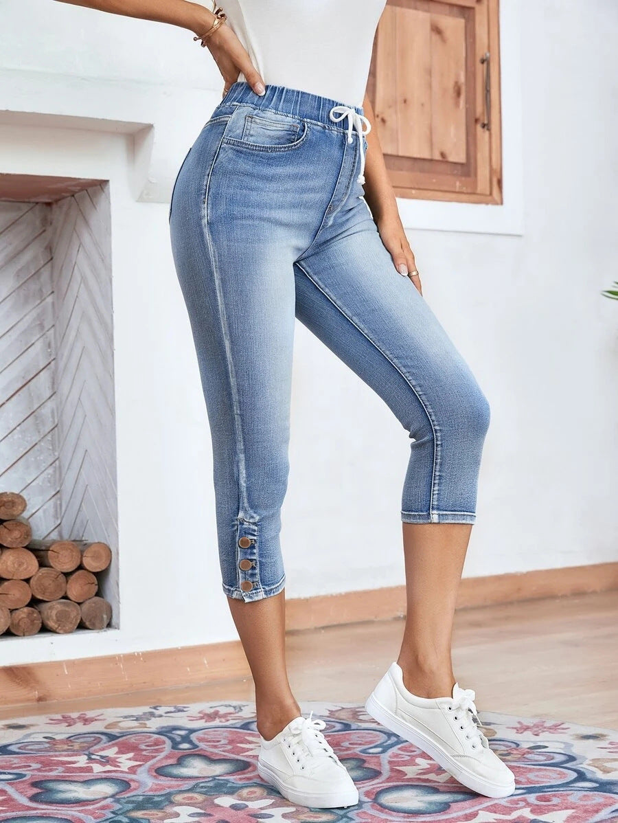 Elastic Waistband Lace-up Stretch Jeans For Women