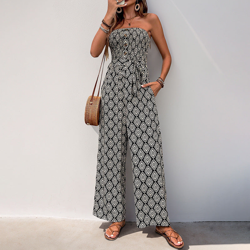 Ethnic Holiday Floral Print Tube Top Jumpsuit