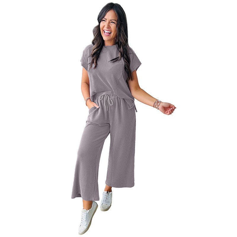 Short Sleeve Two-piece Simple Loose Knit Casual Suit