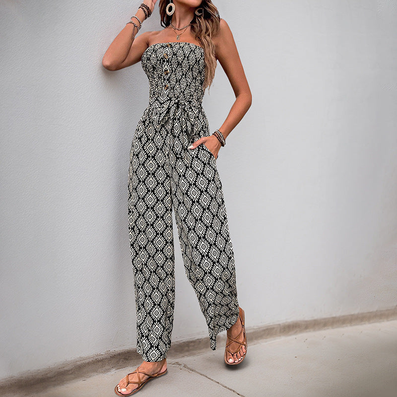 Ethnic Holiday Floral Print Tube Top Jumpsuit