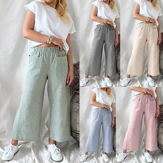 Loose Striped Cotton And Linen Fashion Casual Wide-leg Pants