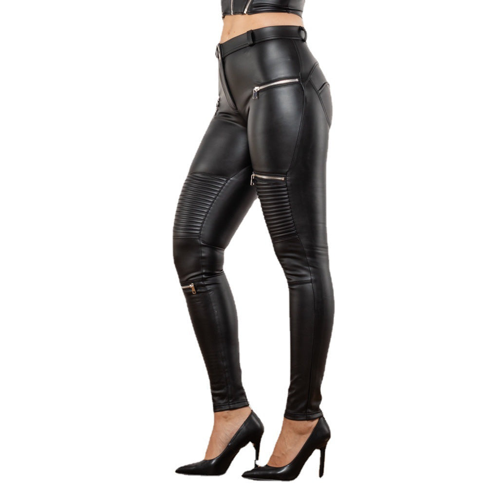 Peach Pants Female Matt Black Smocking Leather Pants