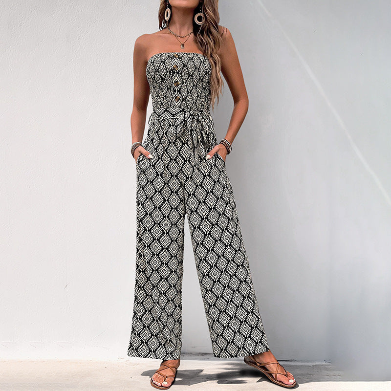 Ethnic Holiday Floral Print Tube Top Jumpsuit