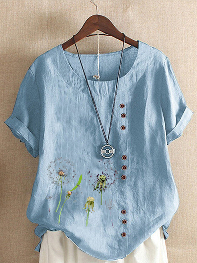 Artistic Retro Cotton And Linen Printed Casual Shirt Women's Top