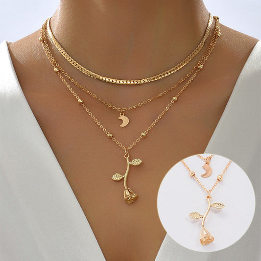 Böhmen Multilayer Mond Gold Farbe Anhänger Halsketten Für Frauen Rose Blume Choker Halskette 2025 Mode Schmuck Party Geschenk Valentinstag Geschenke