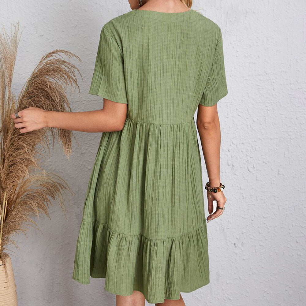 V-neck Short Sleeve Dress Summer Fashion Casual Loose Ruffled Dresses Beach Clothing Women