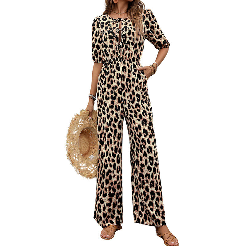 European And American Jumpsuit Tied High Waist Leopard Print One-piece Trousers