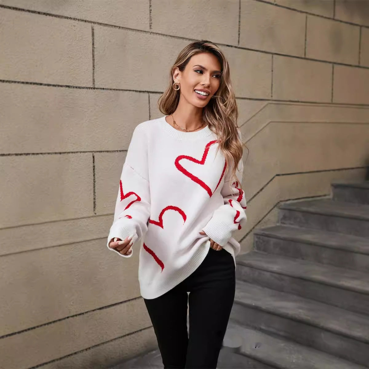 Female With Hearts Valentine's Day Pullover Big Peach Heart Contrast Color Sweater