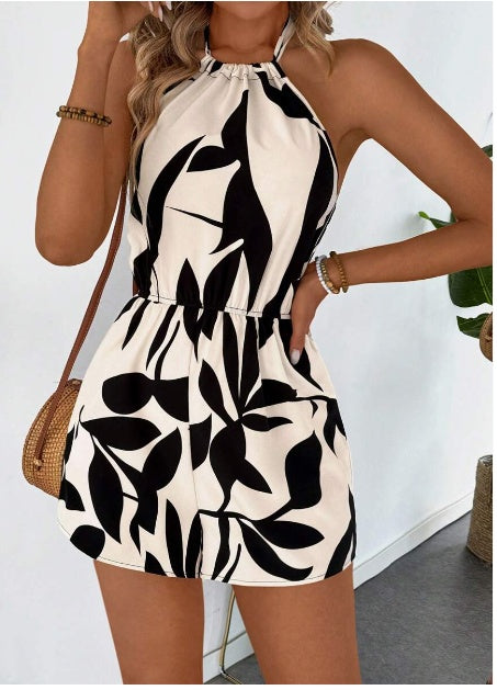 Summer Leaf Printed Spaghetti Strap Jumpsuit With Elastic Waist