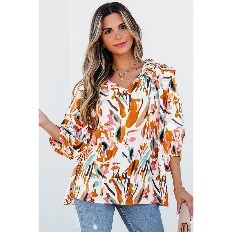 European And American Fashion Colorblock Printed V-neck Chiffon Shirt Women