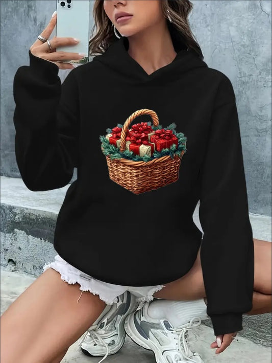 Women'S Casual Rib-Knit Hoodie With Letter & Graphic Print,  Polyester Knit Fabric, Drawstring Hooded Sweatshirt For Fall Winter, Festive Christmas Basket Design, Versatile For Halloween & More