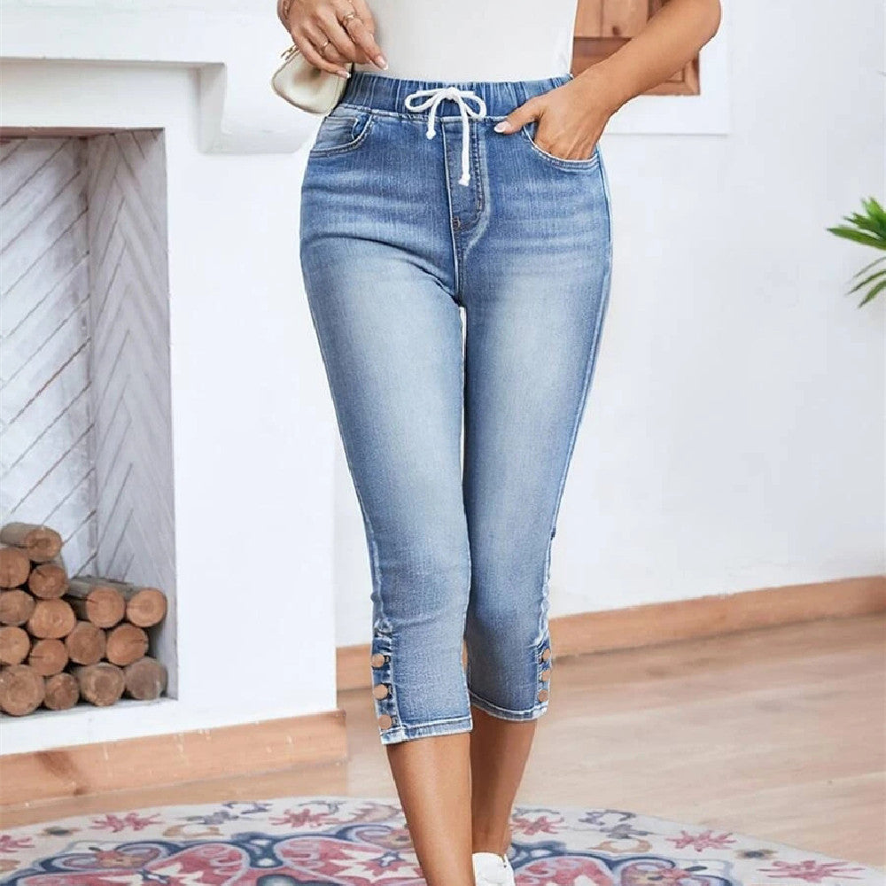 Elastic Waistband Lace-up Stretch Jeans For Women